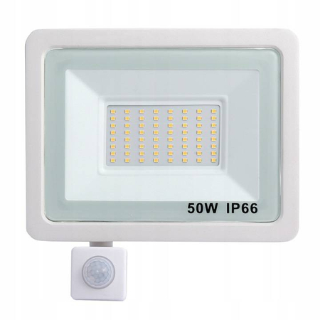 NAŚWIETLACZ HALOGEN Z CZUJNIKIEM RUCHU BIAŁY 50W B.ZIMNA 6000K