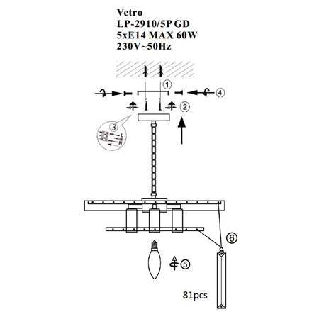 Lampa wisząca Vetro 5 antyczne złoto 5xE14