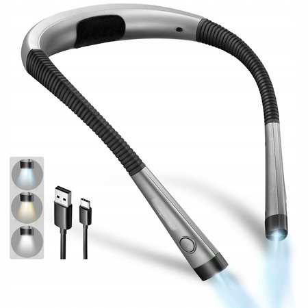 Lampka nocna do czytania, Lampka LED na szyję, Akumulator USB, Kolor Szary