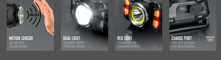 Latarka czołowa LED 5W + COB IP65 czujnik ruchu
