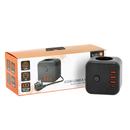 Przedłużacz LINEA PRO CUBE C 3gn+3USB/1USB-C/1,5m/Zu+W czarny Kobi