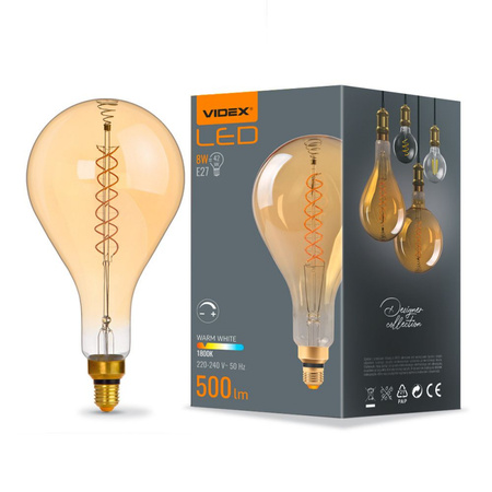 LED Żarówka VIDEX-E27-PS160-8W-FIL-DIM-SPIRAL-AMBER-WW1