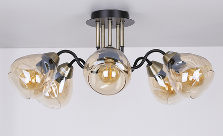 Unica lampa sufitowa czarny+złoty 5x40w e27 klosz dymiony