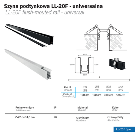Szyna magnetyczna podtynkowa LL-20F czarna 300cm