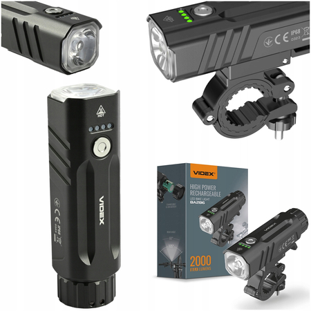 Latarka lampka rowerowa LED Videx 20W 2000lm 5000K IP68 USB + uchwyt
